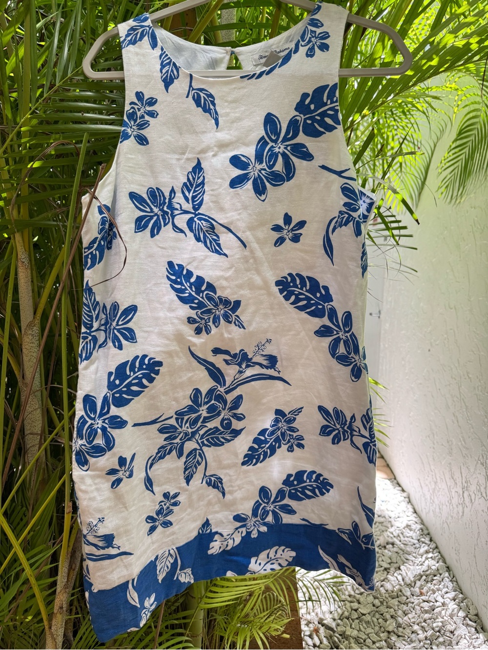 Tommy Bahama White Linen Mini Dress with Blue Floral Print